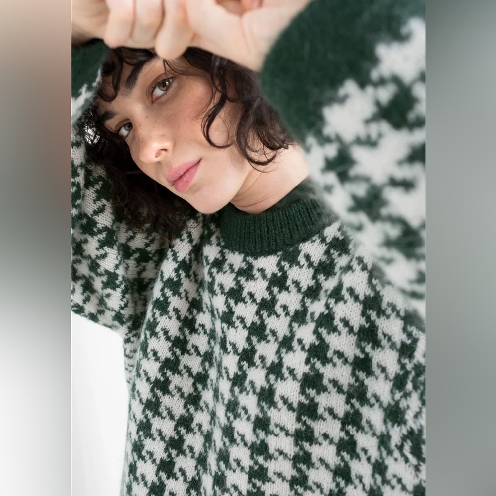 & other stories green and white houndstooth cropped fuzzy warm sweater Xs small - Picture 5 of 11